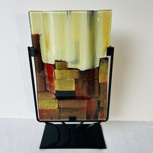 Abstract Art Glass Rectangular Pocket Vase Multi Color Metal Stand Fused Glass